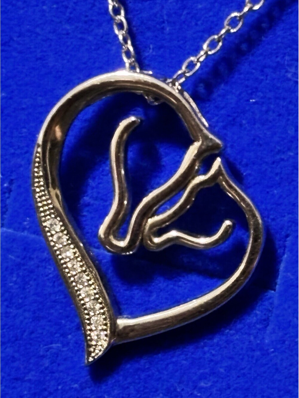 Sterling Silver Horse Heart Charm Pendant Necklace Cable Chain Diamond(?) Chips